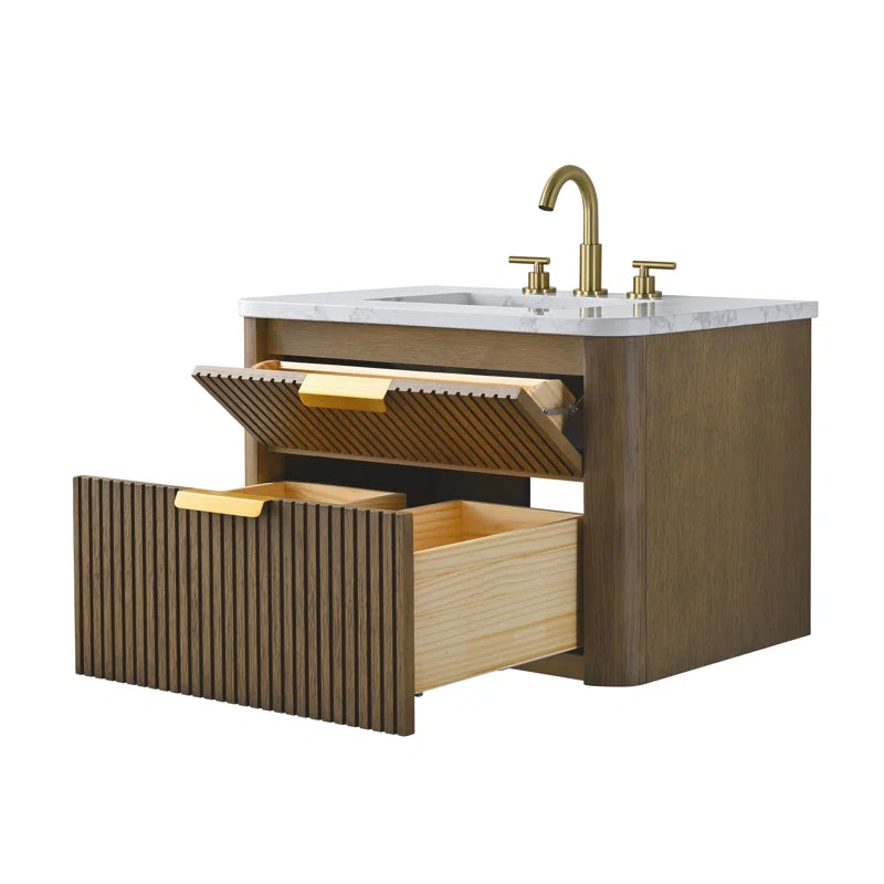 Liljan 30'' Wall-Mounted Single Bathroom Vanity with Engineered Stone Top