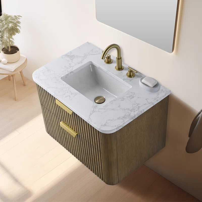 Liljan 30'' Wall-Mounted Single Bathroom Vanity with Engineered Stone Top