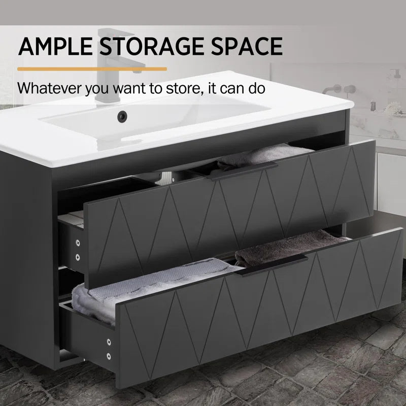 Makowski 36'' Wall Mounted Floating Bathroom Vanity Set with Sink Top, Zinc Alloy Faucet, Soft-close Drawers