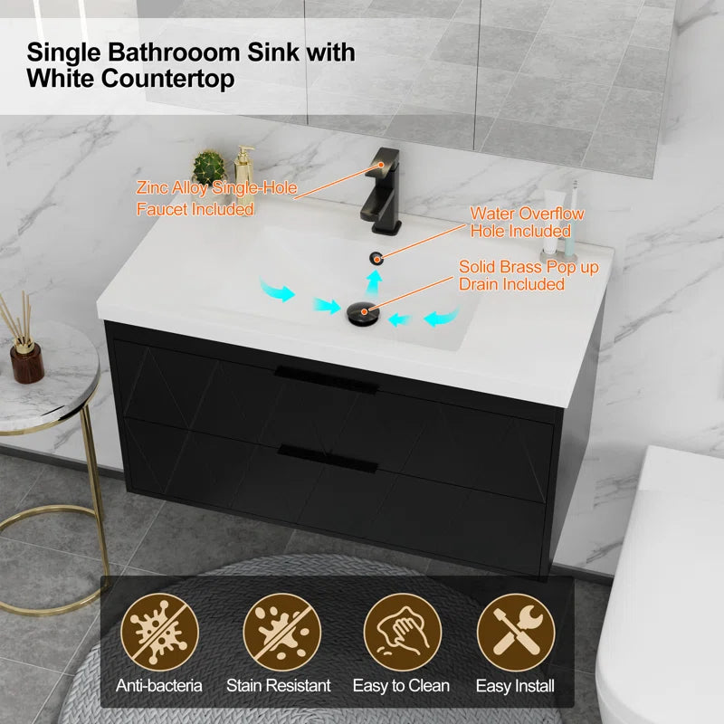Makowski 36'' Wall Mounted Floating Bathroom Vanity Set with Sink Top, Zinc Alloy Faucet, Soft-close Drawers