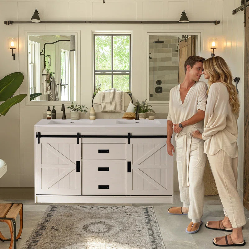 Chimira 60" Double Sink Bathroom Vanity With Sink Combo Set With 2 Drawers & Doors,White