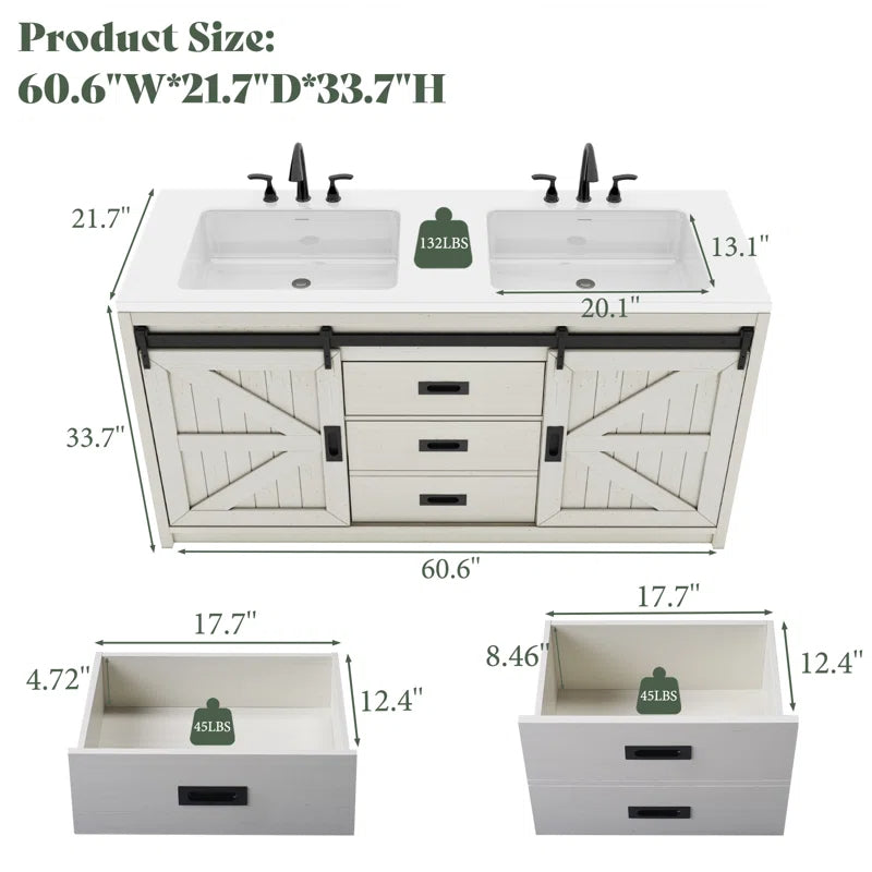 Chimira 60" Double Sink Bathroom Vanity With Sink Combo Set With 2 Drawers & Doors,White