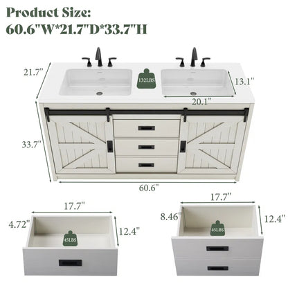 Chimira 60" Double Sink Bathroom Vanity With Sink Combo Set With 2 Drawers & Doors,White