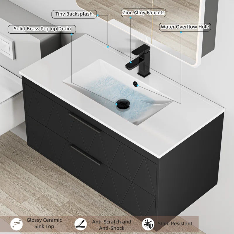 Makowski 36'' Wall Mounted Floating Bathroom Vanity Set with Sink Top, Zinc Alloy Faucet, Soft-close Drawers