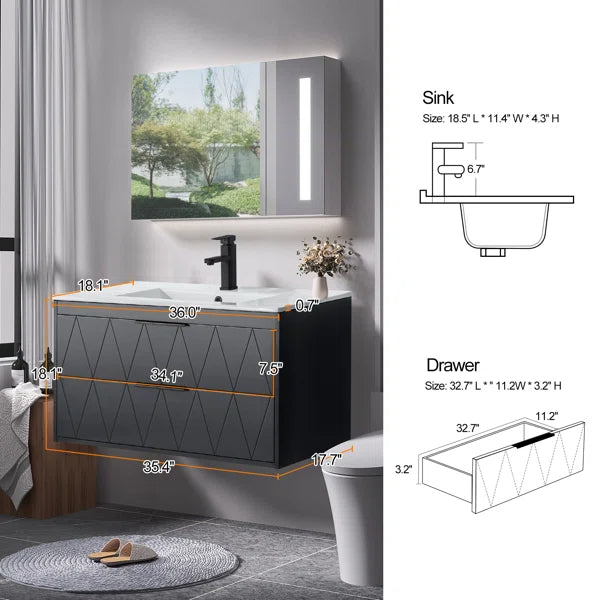 Makowski 36'' Wall Mounted Floating Bathroom Vanity Set with Sink Top, Zinc Alloy Faucet, Soft-close Drawers
